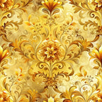 golden yellow, amber, cream, baroque pattern, ornate florals, decorative scrollwork, vintage damask, swirling vines, elegant motifs,, fabric panel, luxurious design, antique style, intricate details, warm tones, royal pattern, opulent florals, renaissance inspired, rich textures