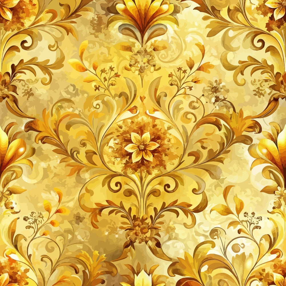 golden yellow, amber, cream, baroque pattern, ornate florals, decorative scrollwork, vintage damask, swirling vines, elegant motifs,, fabric panel, luxurious design, antique style, intricate details, warm tones, royal pattern, opulent florals, renaissance inspired, rich textures