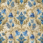 blue flowers, baroque pattern, ornate scrollwork, floral damask, cream background, golden brown stems, bell-shaped blooms, decorative vines, elegant swirls, botanical motif,, fabric panel, intricate design, vintage style, flowing curves, luxurious pattern, sophisticated florals, ornamental leaves, repeating design, textile art