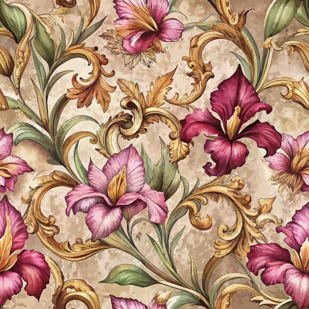 burgundy, pink, mauve, gold, green, beige, baroque florals, ornate scrollwork, iris flowers, decorative swirls, vintage style, elegant pattern,, fabric panel, floral motifs, ornamental design, rich colors, botanical elements, flowing vines, antique aesthetic