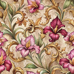 burgundy, pink, mauve, gold, green, beige, baroque florals, ornate scrollwork, iris flowers, decorative swirls, vintage style, elegant pattern,, fabric panel, floral motifs, ornamental design, rich colors, botanical elements, flowing vines, antique aesthetic