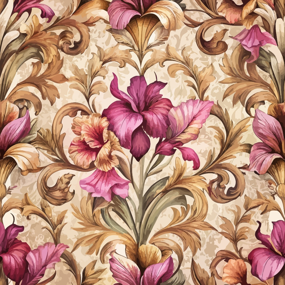 baroque florals, ornate scrollwork, burgundy flowers, mauve petals, golden brown swirls, cream background, decorative acanthus, vintage pattern,, fabric panel, floral motifs, rococo style, elegant design, pink lilies, ornamental leaves, textile art, sophisticated palette, flowing curves, botanical elements, luxurious feel