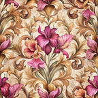 baroque florals, ornate scrollwork, burgundy flowers, mauve petals, golden brown swirls, cream background, decorative acanthus, vintage pattern,, fabric panel, floral motifs, rococo style, elegant design, pink lilies, ornamental leaves, textile art, sophisticated palette, flowing curves, botanical elements, luxurious feel