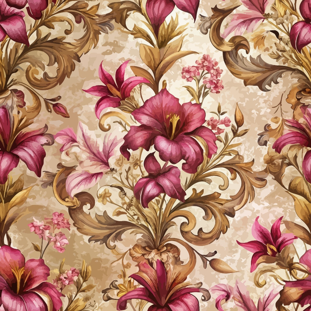 baroque florals, burgundy flowers, pink lilies, golden scrollwork, ornate acanthus, cream background, decorative swirls, vintage floral, elaborate petals, small pink blooms, brown foliage,, fabric panel, romantic style, luxurious pattern, botanical design, flowing vines, detailed stamens