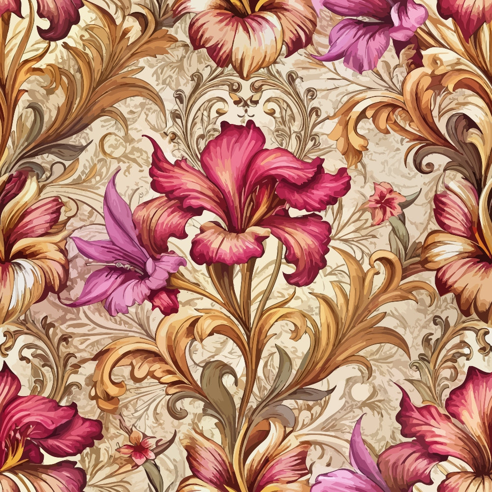 burgundy, magenta, gold, cream, baroque pattern, ornate florals, lily flowers, scrollwork, acanthus leaves, decorative swirls, vintage style, elegant design,, fabric panel, rich colors, floral motifs, renaissance inspired, luxurious pattern, botanical elements, ornamental design
