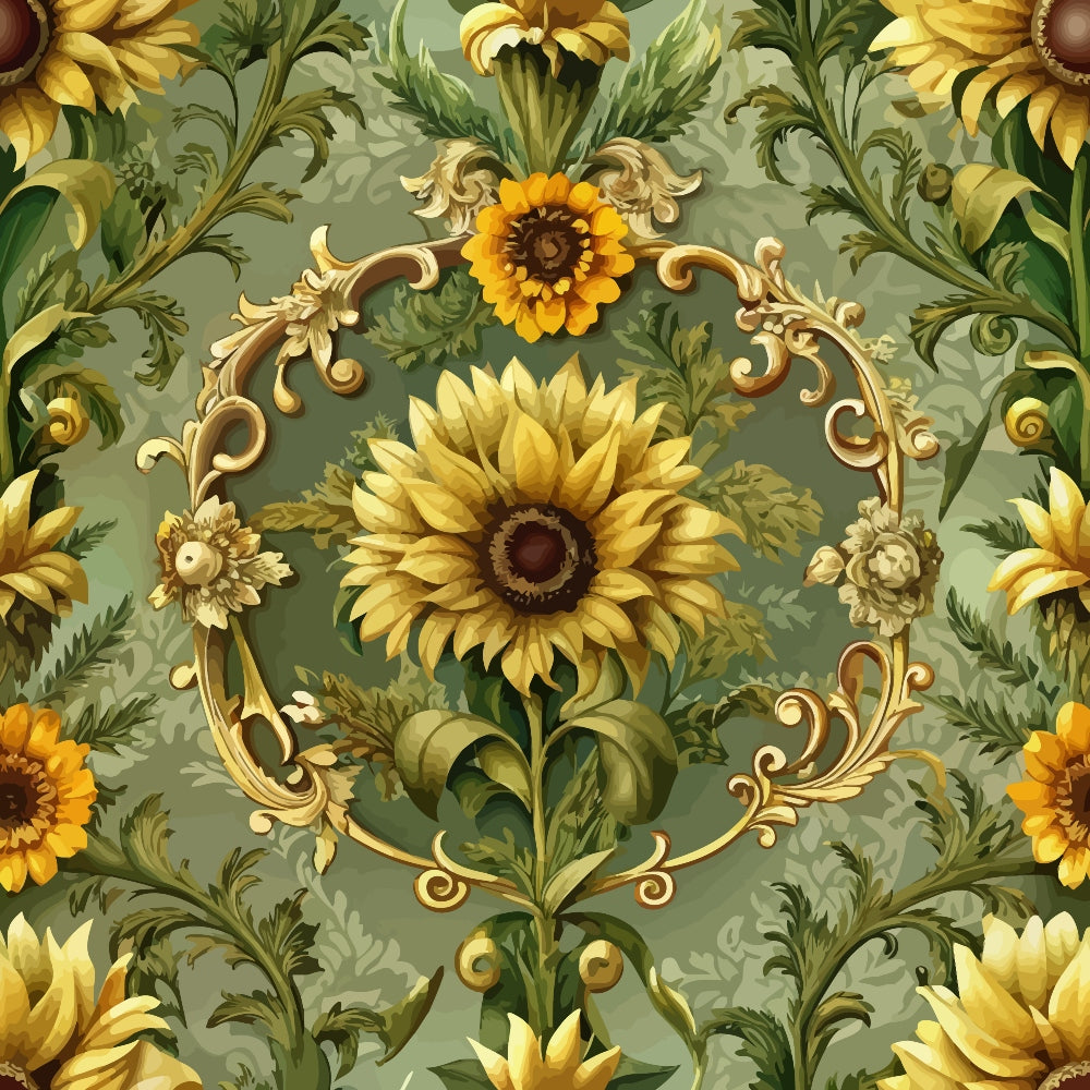 baroque florals, sunflowers, golden yellow, sage green, ornate scrollwork, decorative medallions,, fabric panel, vintage style, elegant pattern, botanical motifs, renaissance design, luxurious florals, intricate details, autumn colors, sophisticated damask, ornamental borders, floral wreaths, textile art, rich textures