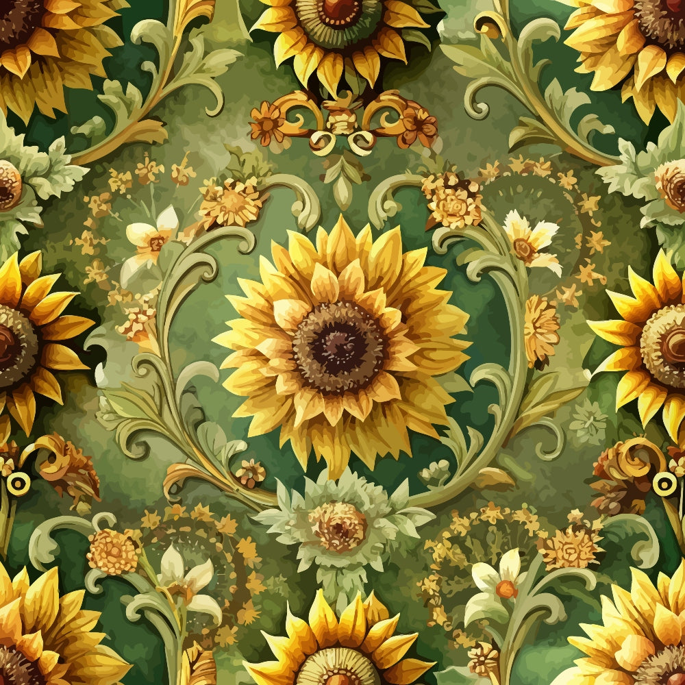 sunflowers, baroque pattern, golden yellow, forest green, ornate scrollwork, floral motif,, fabric panel, decorative swirls, autumn colors, botanical design, repeating pattern, warm tones, olive green, amber, intricate details, victorian style, ornamental flourishes, textile art, damask elements