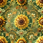 sunflowers, baroque pattern, golden yellow, forest green, ornate scrollwork, floral motif,, fabric panel, decorative swirls, autumn colors, botanical design, repeating pattern, warm tones, olive green, amber, intricate details, victorian style, ornamental flourishes, textile art, damask elements