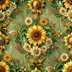 golden yellow, sage green, cream white, baroque pattern, ornate florals, sunflowers, daisies, decorative scrollwork, vintage style, elegant design,, fabric panel, floral motifs, intricate details, warm tones, botanical elements, ornamental swirls, luxurious pattern, earthy palette