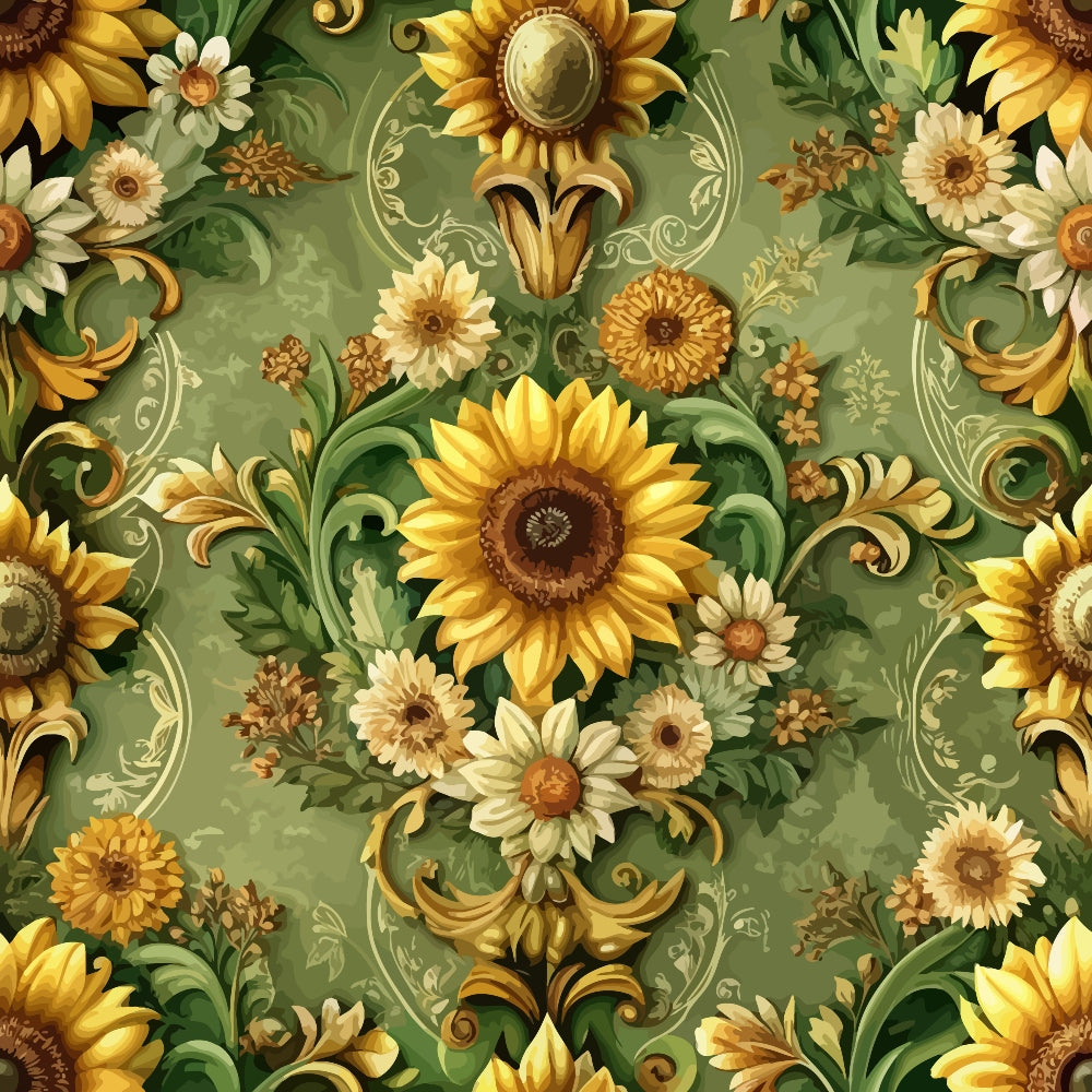 golden yellow, sage green, cream white, baroque pattern, ornate florals, sunflowers, daisies, decorative scrollwork, vintage style, elegant design,, fabric panel, floral motifs, intricate details, warm tones, botanical elements, ornamental swirls, luxurious pattern, earthy palette
