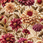 burgundy, cream, peach, brown, baroque florals, dahlias, ornate flowers, vintage style, elegant pattern,, fabric panel, decorative swirls, layered petals, floral motifs, autumn tones, sophisticated design, textile art, crafting material