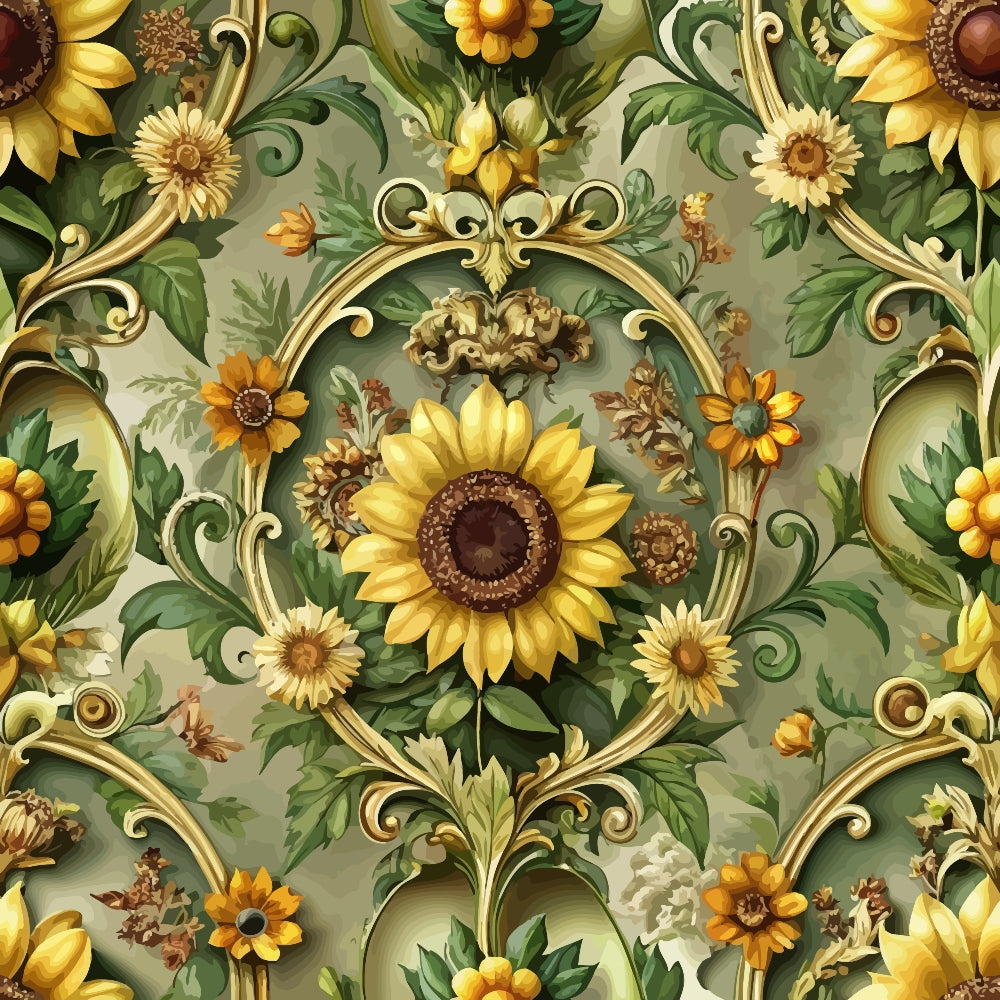 baroque florals, sunflowers, golden yellow, sage green, ornate scrollwork, decorative swirls, botanical pattern,, fabric panel, vintage style, elegant motifs, floral medallions, autumn colors, sophisticated design, luxurious pattern, detailed artwork, nature inspired, seamless repeat, crafting fabric, sewing material