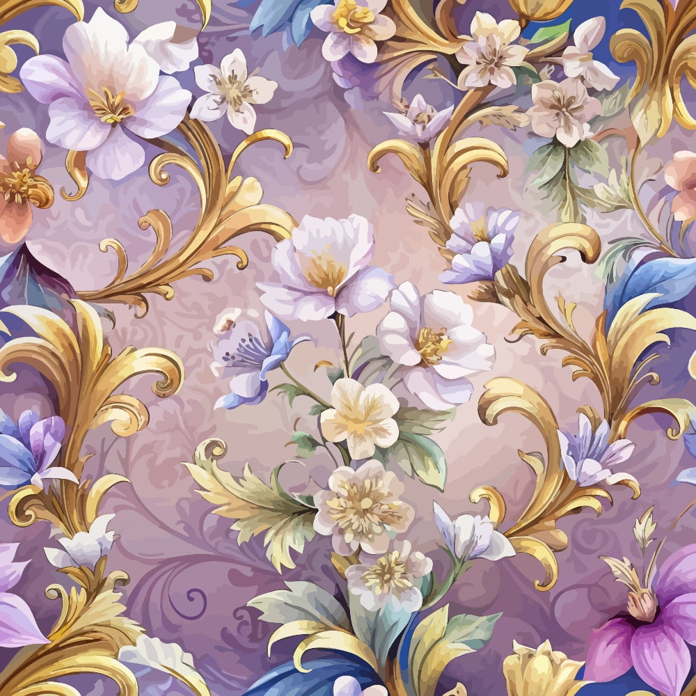 purple background, lavender flowers, white blossoms, gold scrollwork, baroque flourishes, ornate swirls, floral pattern, decorative leaves, elegant blooms, vintage style, rococo design,, fabric panel, botanical motif, ornamental vines, pastel palette, romantic florals, intricate details, seamless repeat