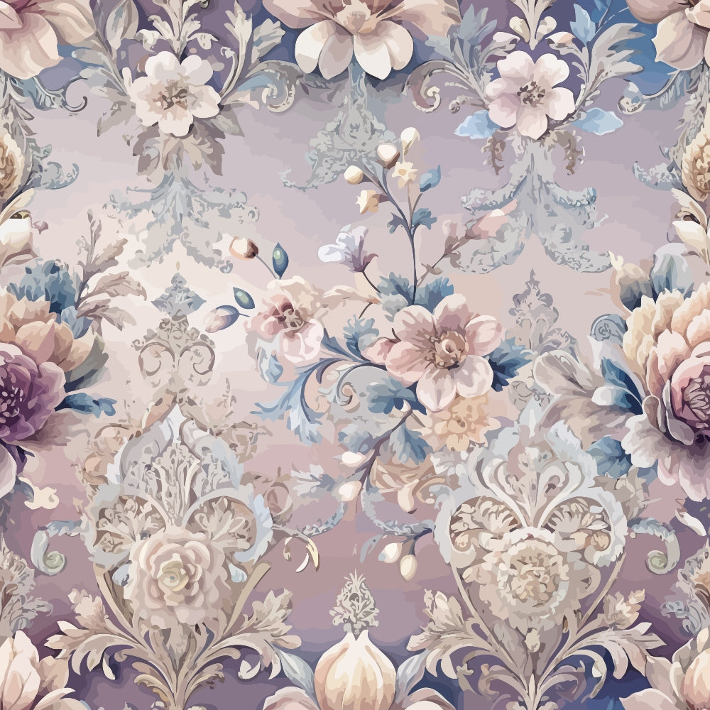 mauve, dusty rose, powder blue, sage green, cream, baroque pattern, ornate florals, damask design, vintage flowers, decorative scrollwork, romantic blooms, pastel palette, ornamental motifs,, fabric panel, elegant florals, soft tones, intricate details, layered petals, flowing vines