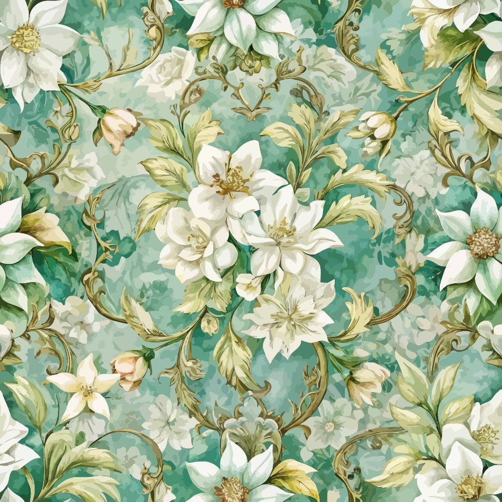 baroque florals, white flowers, sage green, aqua background, ornate scrollwork, decorative swirls, botanical pattern,, fabric panel, elegant blooms, vintage style, floral motifs, cream petals, yellow centers, leafy vines, romantic florals, soft pastels, seamless repeat, cotton fabric, nature inspired