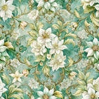 baroque florals, white flowers, sage green, aqua background, ornate scrollwork, decorative swirls, botanical pattern,, fabric panel, elegant blooms, vintage style, floral motifs, cream petals, yellow centers, leafy vines, romantic florals, soft pastels, seamless repeat, cotton fabric, nature inspired