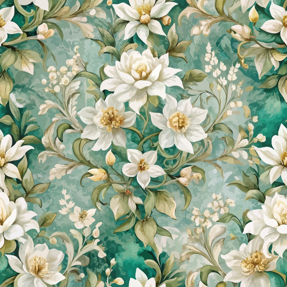 teal background, white flowers, cream petals, golden centers, baroque pattern, floral motif, ornate design, flowing vines, decorative leaves, sage green foliage,, fabric panel, elegant florals, vintage style, seamless repeat, botanical design, soft pastels, romantic mood, crafting material