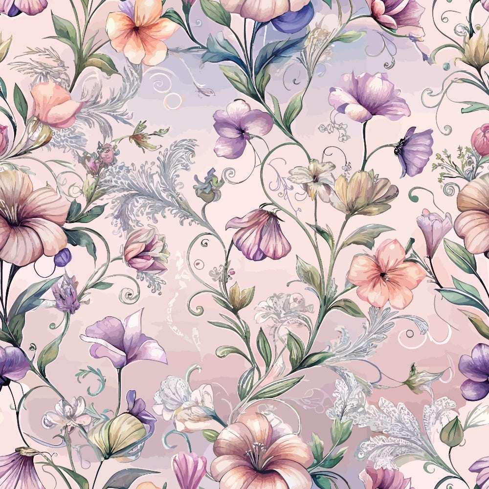 baroque florals, purple flowers, pink blooms, peach blossoms, ornate scrollwork, decorative swirls, botanical pattern, pastel palette, lilac background, hibiscus flowers, elegant flourishes,, fabric panel, watercolor style, romantic mood, floral vines, leafy stems, delicate petals, ornamental design, soft pastels