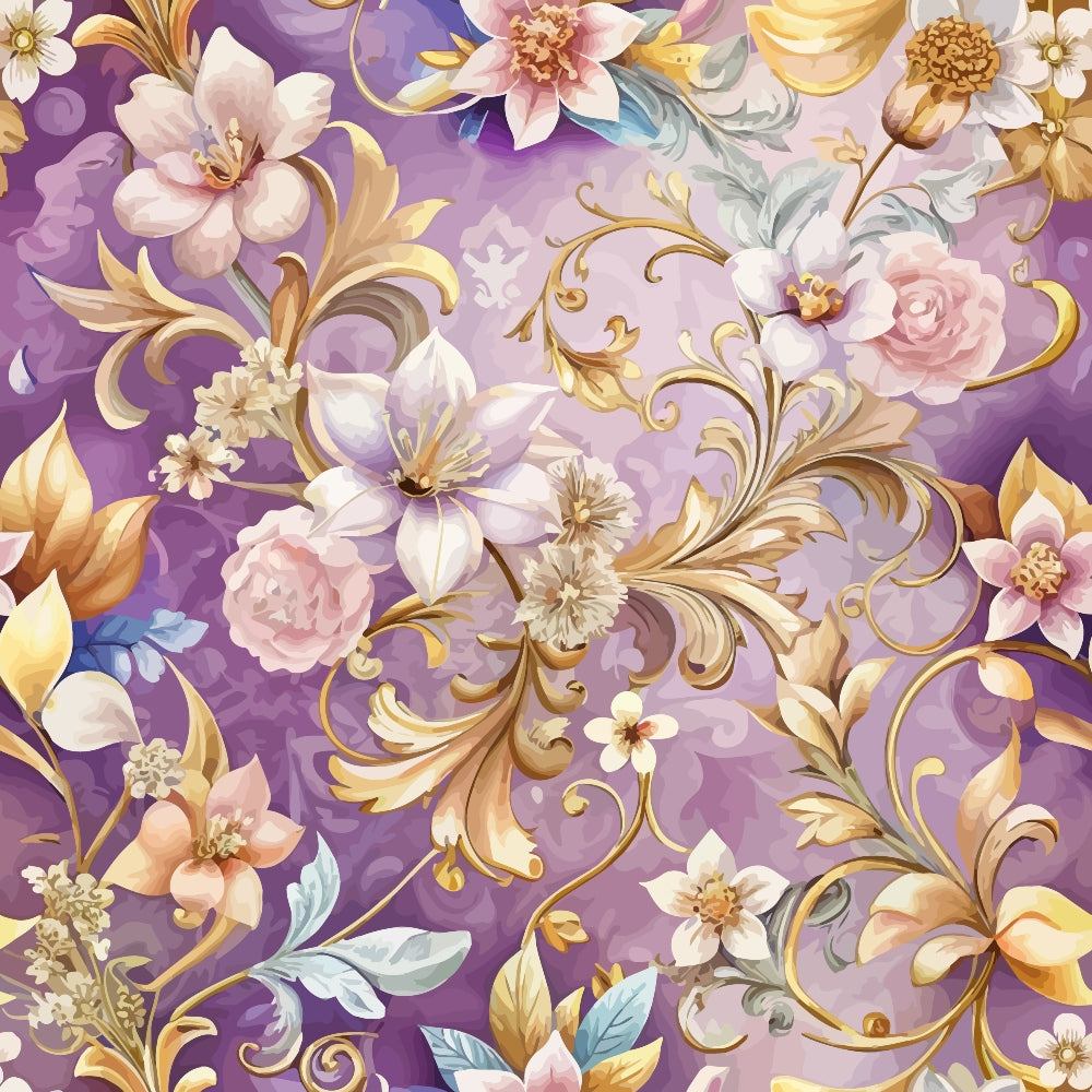 purple background, baroque florals, ornate flowers, gold accents, pink roses, white lilies, decorative scrollwork, elegant swirls, pastel blooms, vintage style, romantic florals,, fabric panel, floral motifs, lavender tones, ornamental design, botanical elements, detailed petals, luxurious pattern