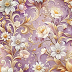 lavender, purple, cream, white, gold, baroque florals, ornate scrollwork, decorative swirls, peony flowers, daisy blooms, elegant pattern, vintage style,, fabric panel, romantic mood, flowing vines, intricate details, soft pastels, floral motifs, ornamental design
