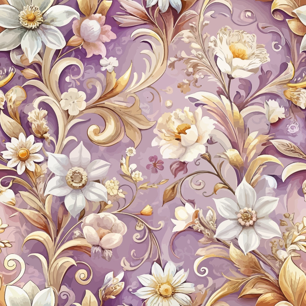 lavender, purple, cream, white, gold, baroque florals, ornate scrollwork, decorative swirls, peony flowers, daisy blooms, elegant pattern, vintage style,, fabric panel, romantic mood, flowing vines, intricate details, soft pastels, floral motifs, ornamental design