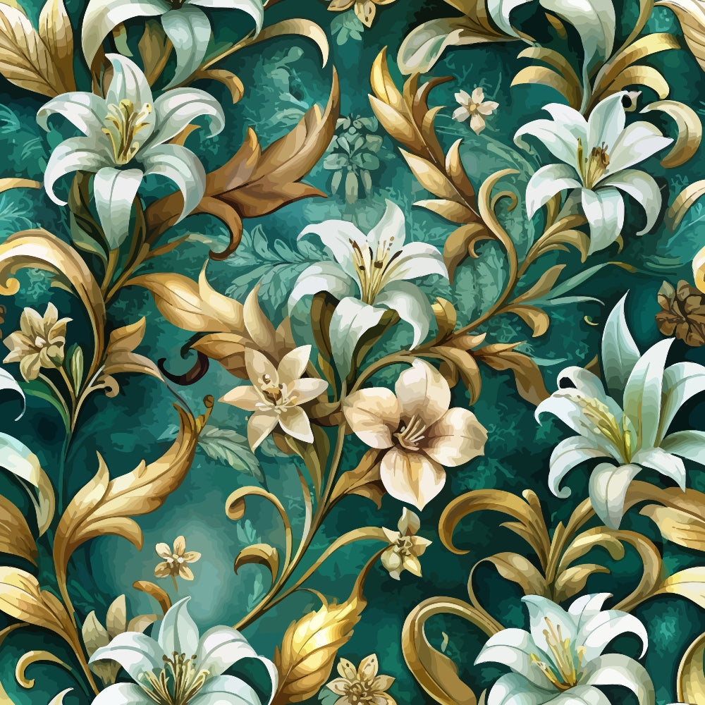emerald green, white lilies, golden accents, baroque pattern, ornate florals, decorative scrollwork, elegant flowers, teal background, cream petals, gilded leaves, luxurious design, formal botanical, sophisticated motifs,, fabric panel, rich colors, vintage style, flowing vines, ornamental blooms, detailed stamens