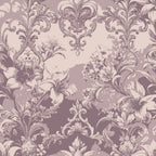 mauve, dusty rose, lavender, baroque pattern, ornate florals, damask design, scrollwork, acanthus leaves, vintage style, elegant motifs,, fabric panel, decorative swirls, floral medallions, romantic aesthetic, muted tones, intricate details, rococo influence, botanical elements, feminine palette