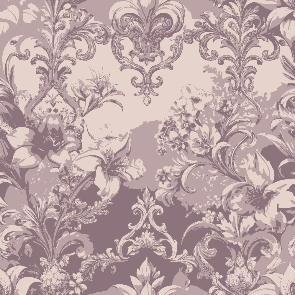 mauve, dusty rose, lavender, baroque pattern, ornate florals, damask design, scrollwork, acanthus leaves, vintage style, elegant motifs,, fabric panel, decorative swirls, floral medallions, romantic aesthetic, muted tones, intricate details, rococo influence, botanical elements, feminine palette