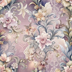 mauve, dusty rose, sage green, cream, baroque florals, ornate scrollwork, decorative flowers, vintage pattern, elegant swirls, acanthus leaves, romantic style, soft pastels,, fabric panel, floral motifs, rococo inspired, delicate blooms, muted tones, sophisticated design, textile art