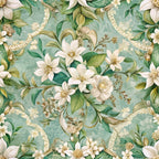 sage green, cream white, gold accents, baroque florals, ornate flowers, decorative ribbons, botanical pattern, vintage style, elegant design,, fabric panel, floral motifs, romantic aesthetic, soft pastels, intricate details, repeating pattern, luxurious feel, garden blooms