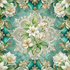 baroque florals,, fabric panel, turquoise background, white flowers, cream blooms, green leaves, ornate scrollwork, decorative swirls, floral motifs, botanical design, elegant pattern, vintage style, aqua blue, ivory petals, flowing vines, ornamental border, rococo elements, sophisticated florals, luxurious design