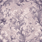 mauve, dusty rose, lavender, purple tones, baroque pattern, ornate florals, scrollwork, acanthus leaves, damask design, vintage style, elegant motif, decorative swirls, botanical elements, monochromatic palette,, fabric panel, ornamental design, rococo influence, floral damask, intricate details
