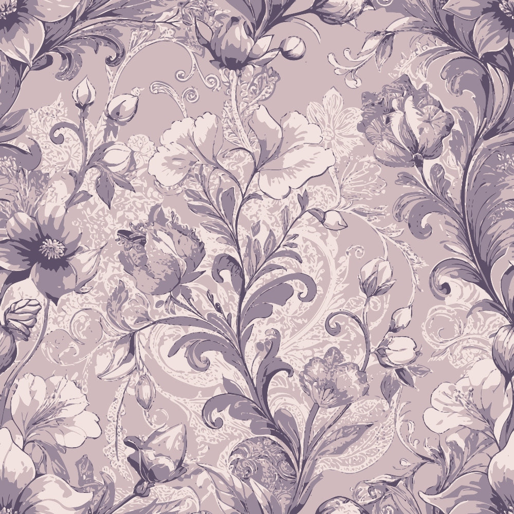mauve, dusty rose, lavender, purple tones, baroque pattern, ornate florals, scrollwork, acanthus leaves, damask design, vintage style, elegant motif, decorative swirls, botanical elements, monochromatic palette,, fabric panel, ornamental design, rococo influence, floral damask, intricate details