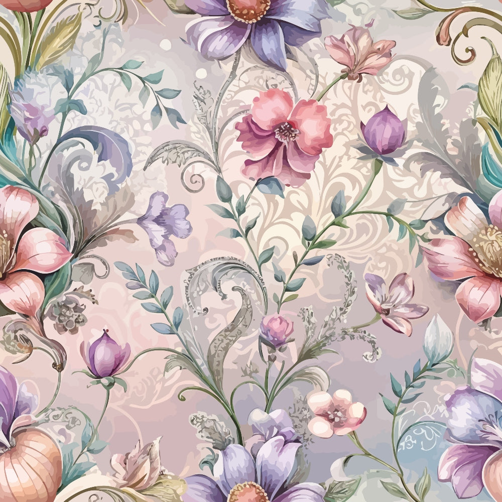 baroque florals, purple flowers, pink blooms, coral petals, ornate scrollwork, decorative swirls, botanical pattern, watercolor style, pastel palette, lavender tones, rose pink, sage green, vintage motifs, elegant design,, fabric panel, floral arrangement, romantic aesthetic, soft colors, intricate details
