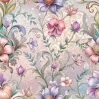 baroque florals, purple flowers, pink blooms, coral petals, ornate scrollwork, decorative swirls, botanical pattern, watercolor style, pastel palette, lavender tones, rose pink, sage green, vintage motifs, elegant design,, fabric panel, floral arrangement, romantic aesthetic, soft colors, intricate details