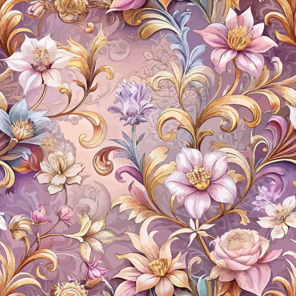 purple, lavender, mauve, gold, cream, baroque florals, ornate flowers, scrollwork, decorative swirls, lilies, roses, floral motifs, vintage style, elegant pattern,, fabric panel, ornamental design, romantic flowers, soft pastels, intricate details