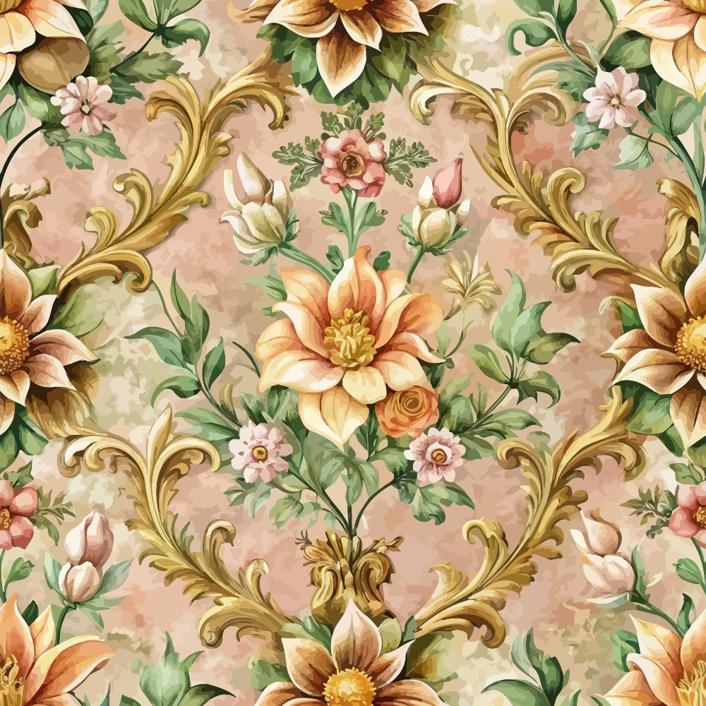 baroque florals, ornate scrollwork, peach background, coral flowers, cream blooms, green leaves, gold flourishes, decorative swirls, vintage pattern, elegant motifs,, fabric panel, floral damask, ornamental design, romantic style, soft pastels, botanical elements, seamless repeat