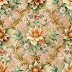 baroque florals, ornate scrollwork, peach background, coral flowers, cream blooms, green leaves, gold flourishes, decorative swirls, vintage pattern, elegant motifs,, fabric panel, floral damask, ornamental design, romantic style, soft pastels, botanical elements, seamless repeat
