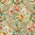 baroque florals, sage green, coral pink, golden yellow, cream, ornate scrollwork, vintage flowers, lilies, peonies, decorative swirls, romantic pattern, elegant motifs,, fabric panel, soft pastels, floral damask, victorian style, botanical design, seamless repeat, luxurious blooms