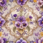 purple flowers, lavender blooms, baroque ornaments, decorative scrollwork, floral damask, ornate cartouche, gold accents, cream background, pansy motifs, vintage flourishes, rococo style, elegant swirls, botanical design,, fabric panel, romantic florals, dusty rose, antique styling, repeating pattern