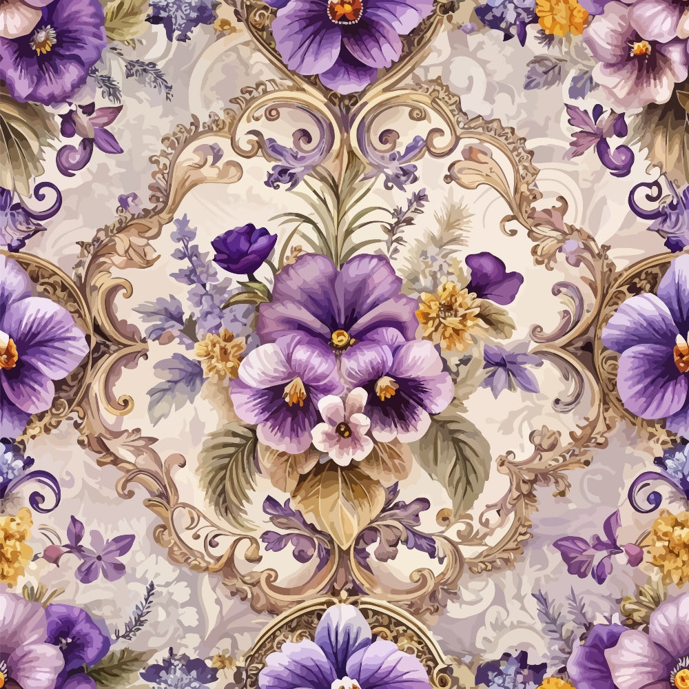 purple flowers, lavender blooms, baroque ornaments, decorative scrollwork, floral damask, ornate cartouche, gold accents, cream background, pansy motifs, vintage flourishes, rococo style, elegant swirls, botanical design,, fabric panel, romantic florals, dusty rose, antique styling, repeating pattern