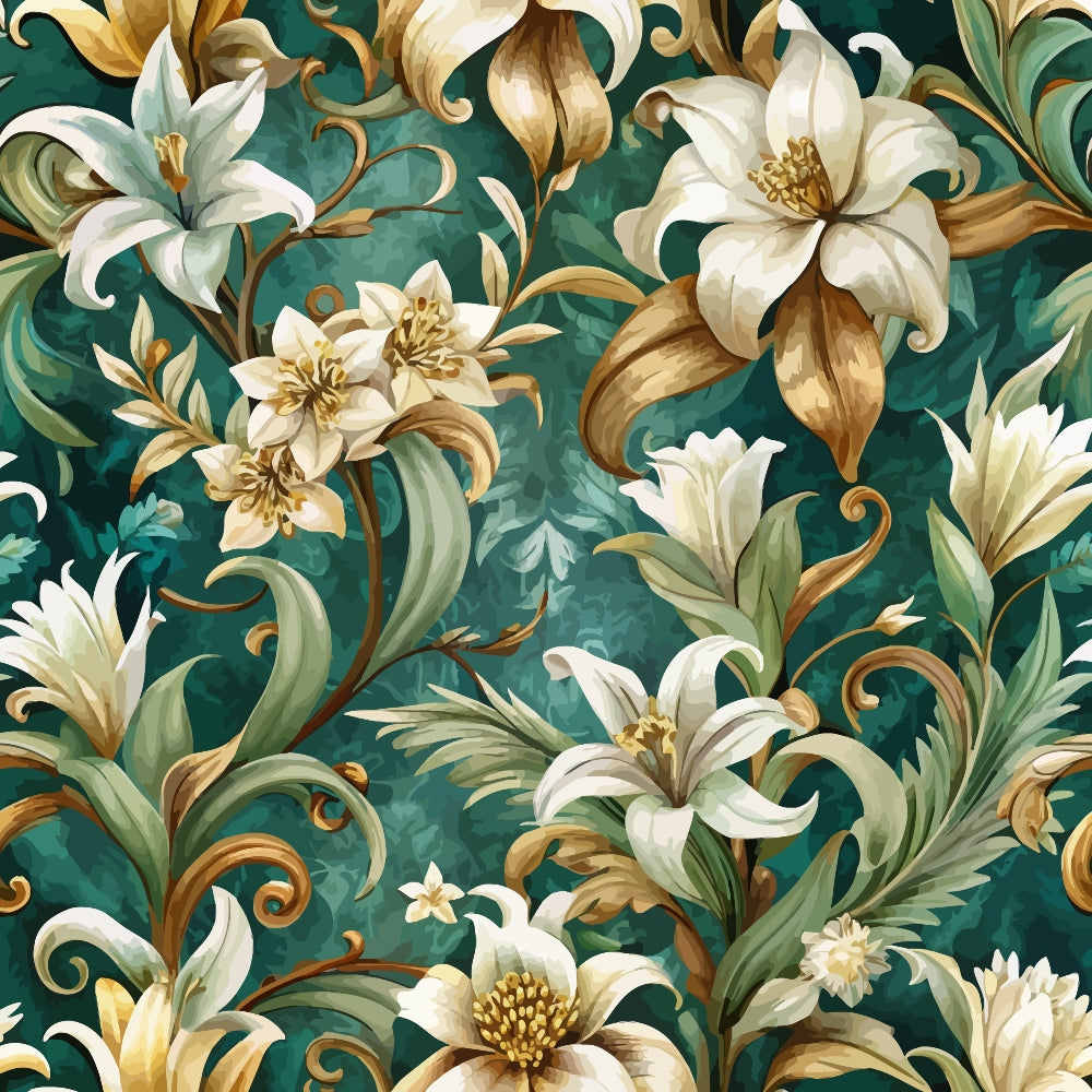 teal background, white lilies, cream flowers, golden stamens, baroque pattern, ornate florals, scrolling leaves, green foliage, brown accents,, fabric panel, elegant design, vintage style, decorative swirls, floral motifs, botanical print, luxurious pattern, flowing vines, ornamental design
