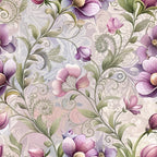 lavender, purple flowers, sage green, cream background, baroque pattern, ornate scrollwork, floral motifs, decorative swirls, vintage style,, fabric panel, botanical design, elegant florals, soft pastels, intricate details, damask elements, romantic mood, flowing vines, delicate petals, ornamental design