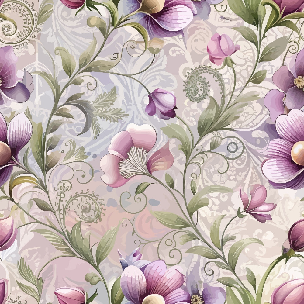 lavender, purple flowers, sage green, cream background, baroque pattern, ornate scrollwork, floral motifs, decorative swirls, vintage style,, fabric panel, botanical design, elegant florals, soft pastels, intricate details, damask elements, romantic mood, flowing vines, delicate petals, ornamental design