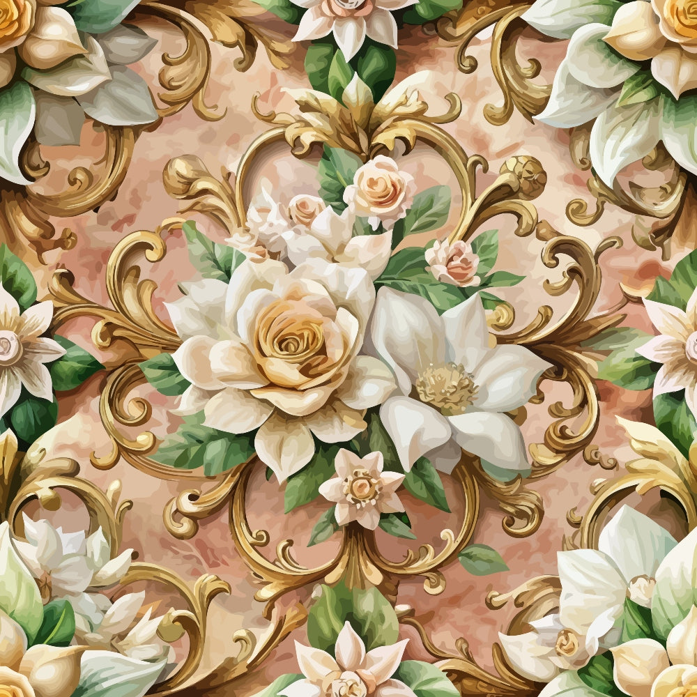 baroque florals, ornate scrollwork, cream roses, white magnolias, peach background, gold accents, green leaves, decorative swirls, elegant pattern, vintage style,, fabric panel, floral motifs, romantic design, soft pastels, intricate details, botanical elements, damask style, luxurious feel