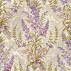 lavender, purple flowers, sage green, cream background, baroque pattern, ornate scrollwork, floral motif, damask design,, fabric panel, vintage style, elegant florals, decorative swirls, botanical print, muted tones, romantic pattern, textile design, repeating motif, soft pastels