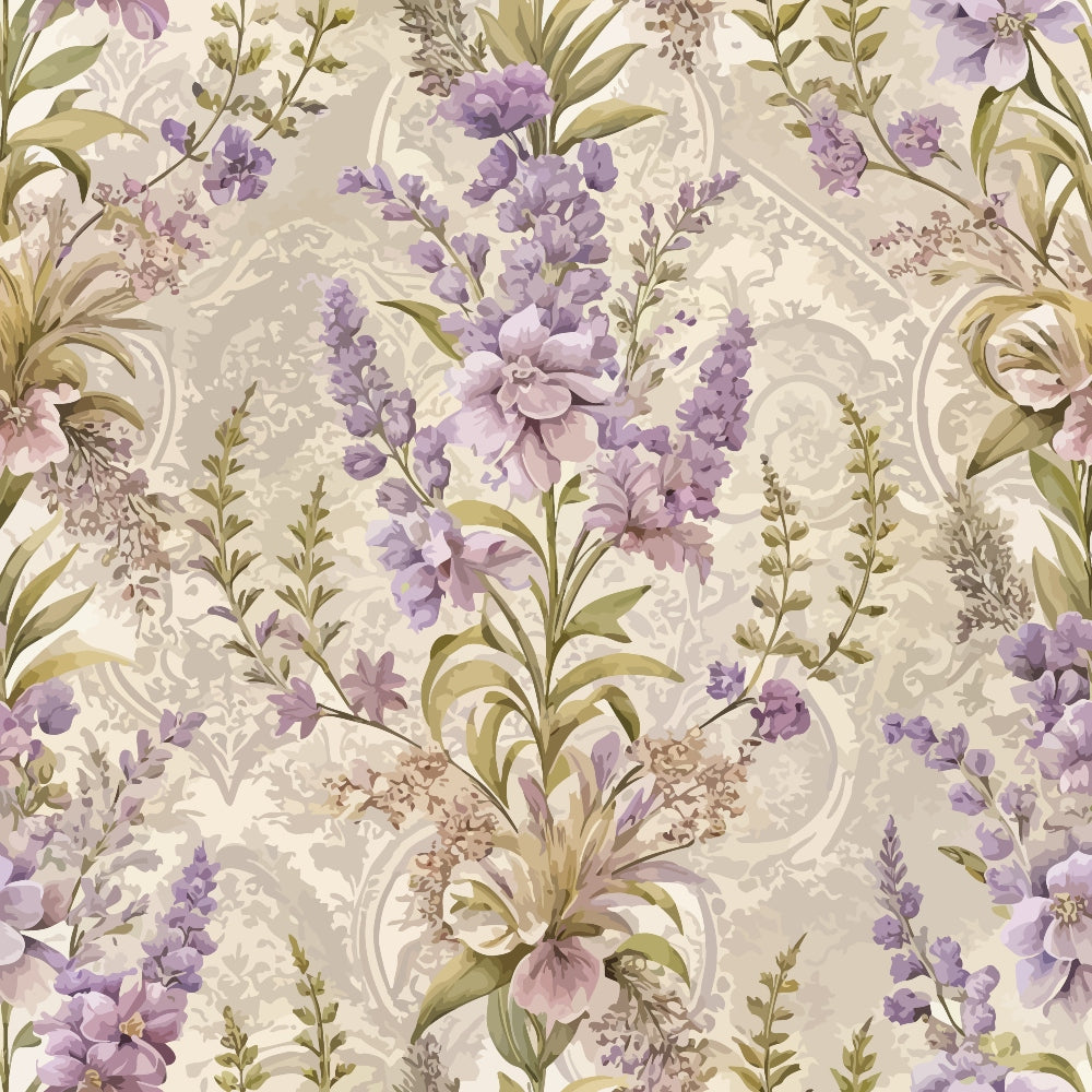 lavender, purple flowers, sage green, cream background, baroque pattern, ornate scrollwork, floral motif, damask design,, fabric panel, vintage style, elegant florals, decorative swirls, botanical print, muted tones, romantic pattern, textile design, repeating motif, soft pastels