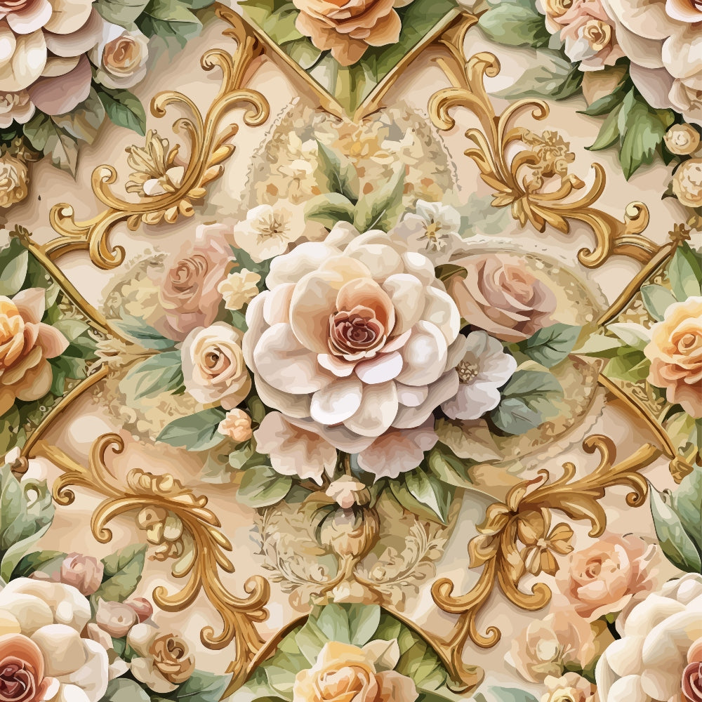 baroque florals, ornate scrollwork, cream background, blush pink roses, peachy roses, sage green leaves, gold ornamental details, vintage floral pattern, rococo style, elegant flowers,, fabric panel, romantic florals, decorative swirls, soft pastels, luxurious design, botanical motifs, layered petals, intricate details