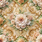 baroque florals, ornate scrollwork, cream background, blush pink roses, peachy roses, sage green leaves, gold ornamental details, vintage floral pattern, rococo style, elegant flowers,, fabric panel, romantic florals, decorative swirls, soft pastels, luxurious design, botanical motifs, layered petals, intricate details