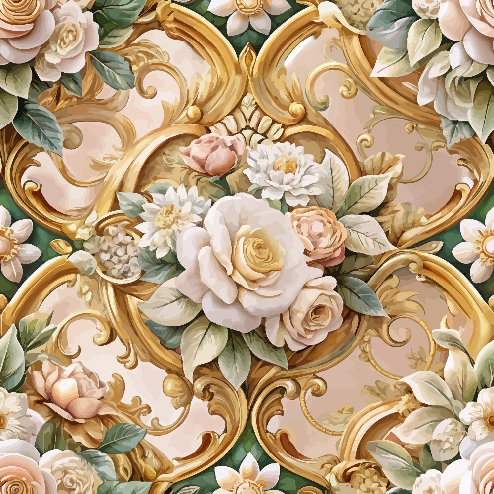 baroque florals, ornate scrollwork, cream roses, blush pink flowers, golden scrolls, sage green leaves, ivory background, decorative flourishes, vintage botanical, romantic floral,, fabric panel, elegant swirls, soft pastels, luxurious design, rococo style, dimensional flowers, graceful curves, sophisticated pattern